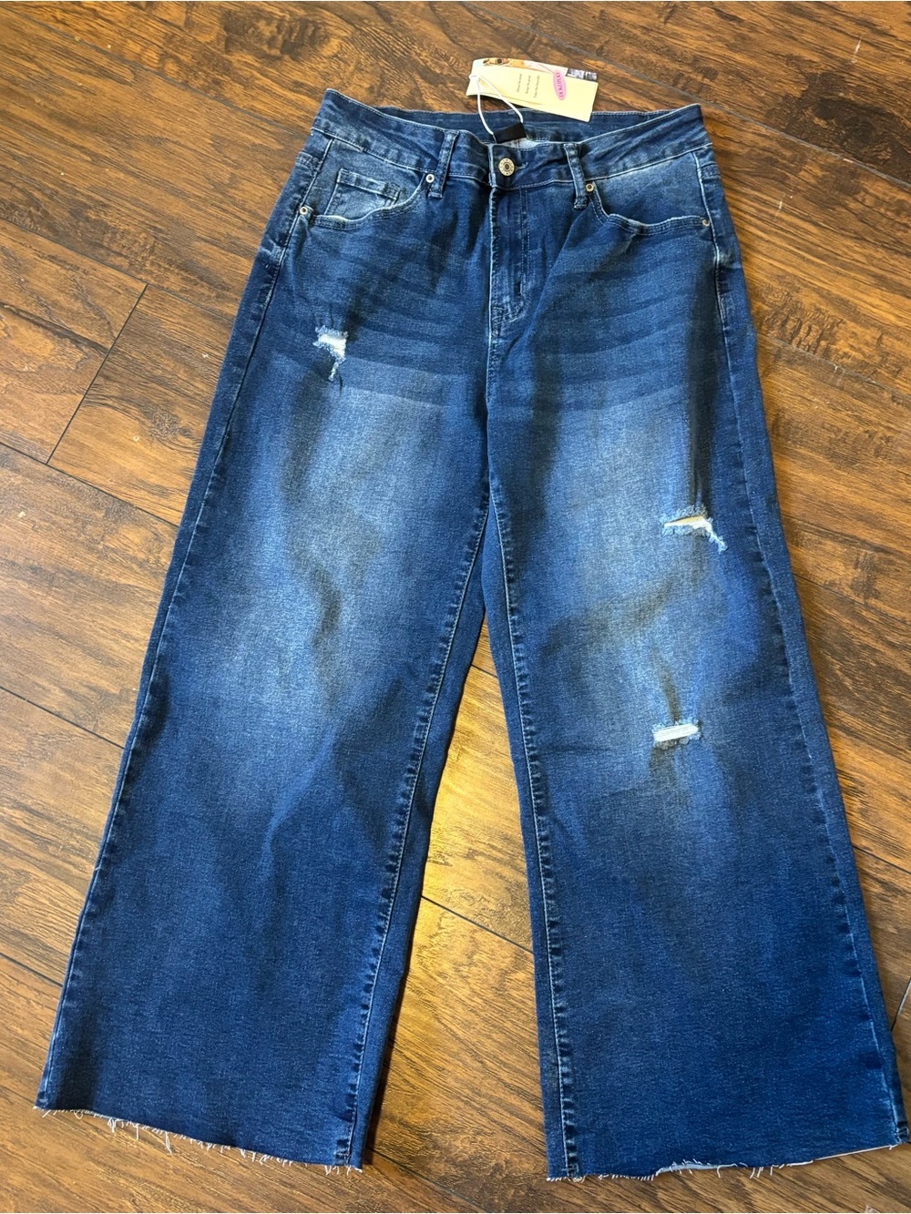 NWT Dokotoo Distressed Wide Leg Crop Jeans High Rise Raw Hem Dark Wash size 8
